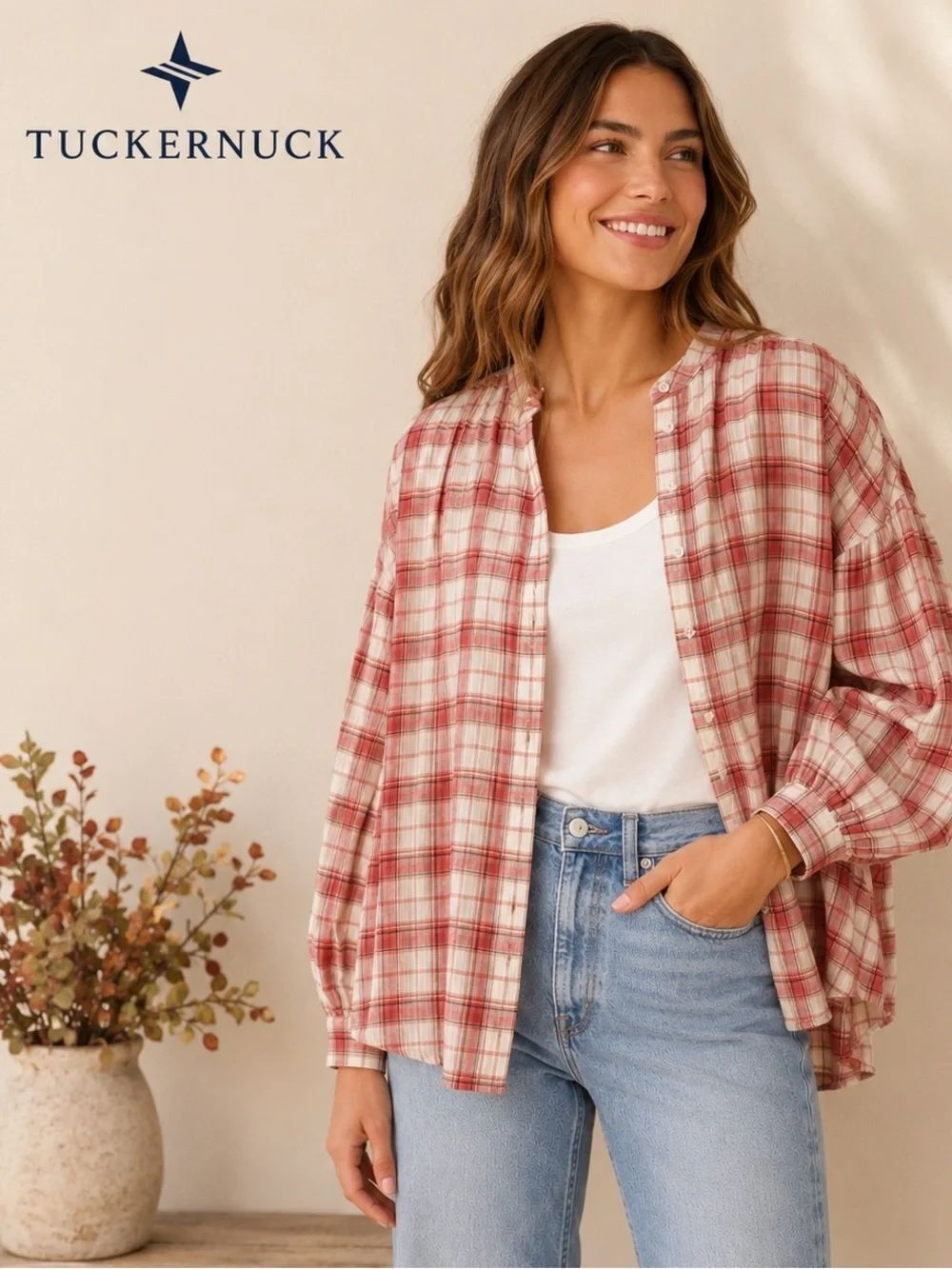 Tuckernuck Juliette Button Down Top | Pink Plaid Gauze Blouse | Medium